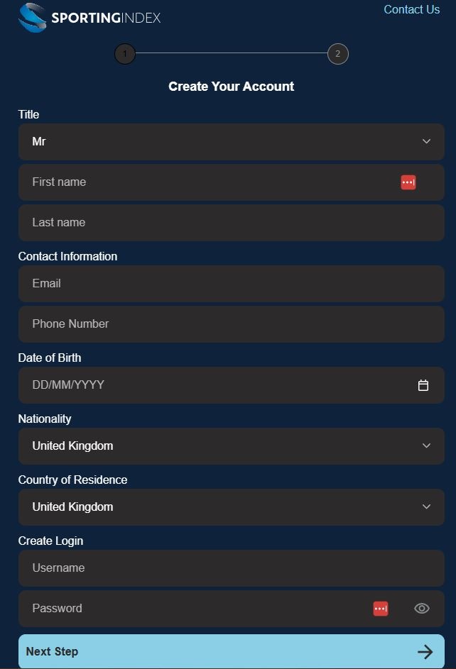 Sporting Index Registration