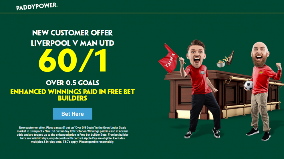 Get 60/1 on a goal to be scored in Liverpool vs Man United with this Paddy Power offer!