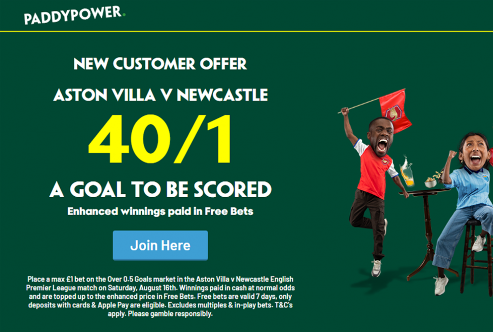 Paddy Power have a huge odds boost for Aston Villa vs Newcastle!