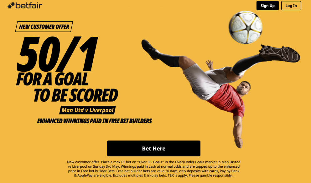 Get 50/1 for a goal in Man Utd vs Liverpool at Betfair
