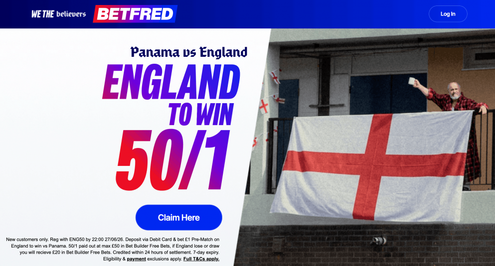 Join Betfred today and get 50/1 for England to beat Panama