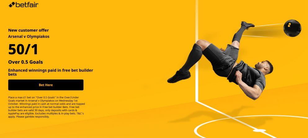 Get 50/1 for a goal in Arsenal vs Olympiakos with Betfair