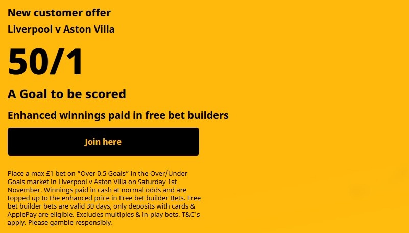 Get 50/1 on a goal to be scored in Aston Villa v Liverpool tonight!