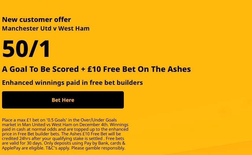 50/1 for a goal to be scored in Man United vs West Ham with Betfair