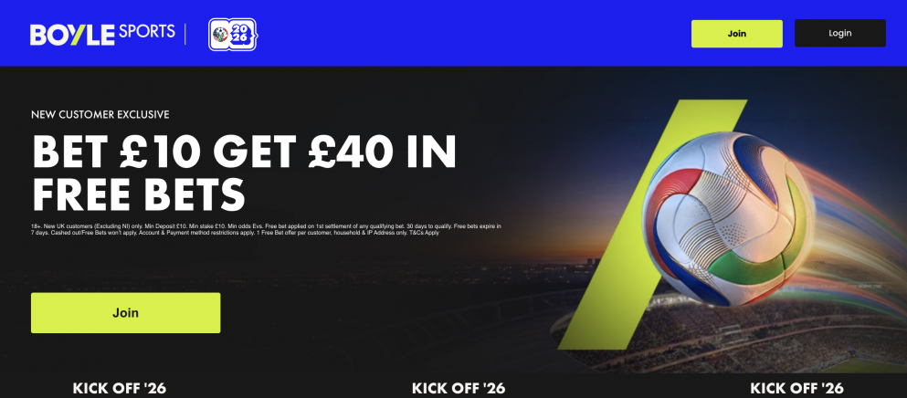 Get £40 in Free Bets + £5 each time your team wins at BOYLE Sports