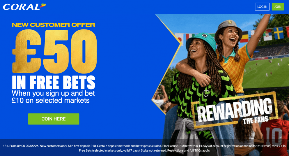 Get £50 in free bets when you join Coral