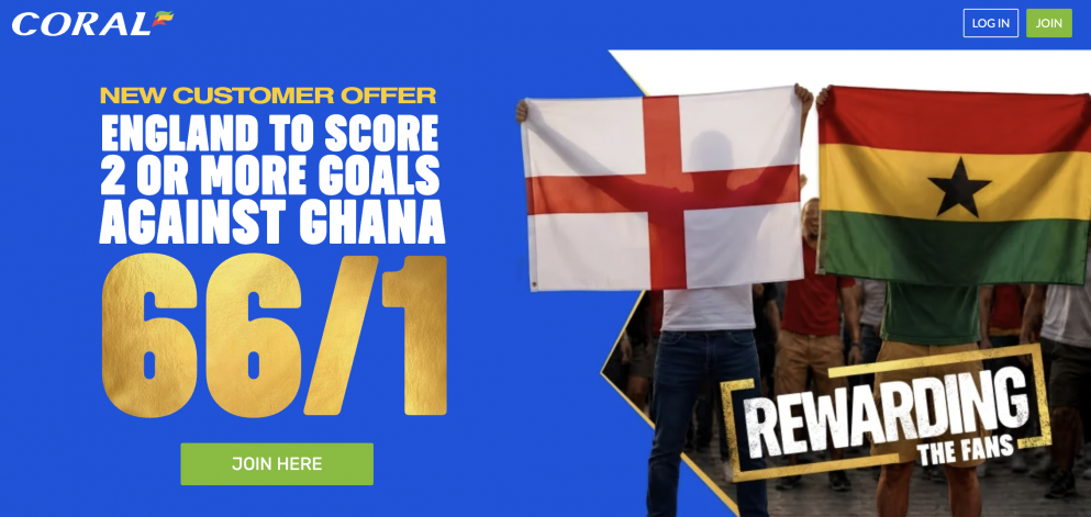 Get 66/1 for England to score twice at Coral