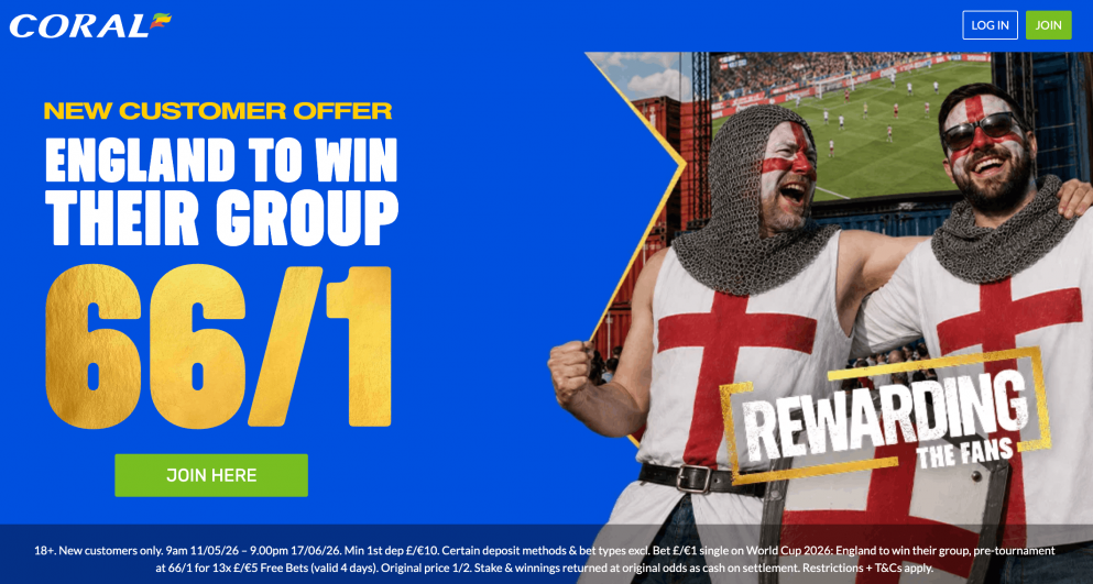 Get 66/1 on England to win their Group at Coral