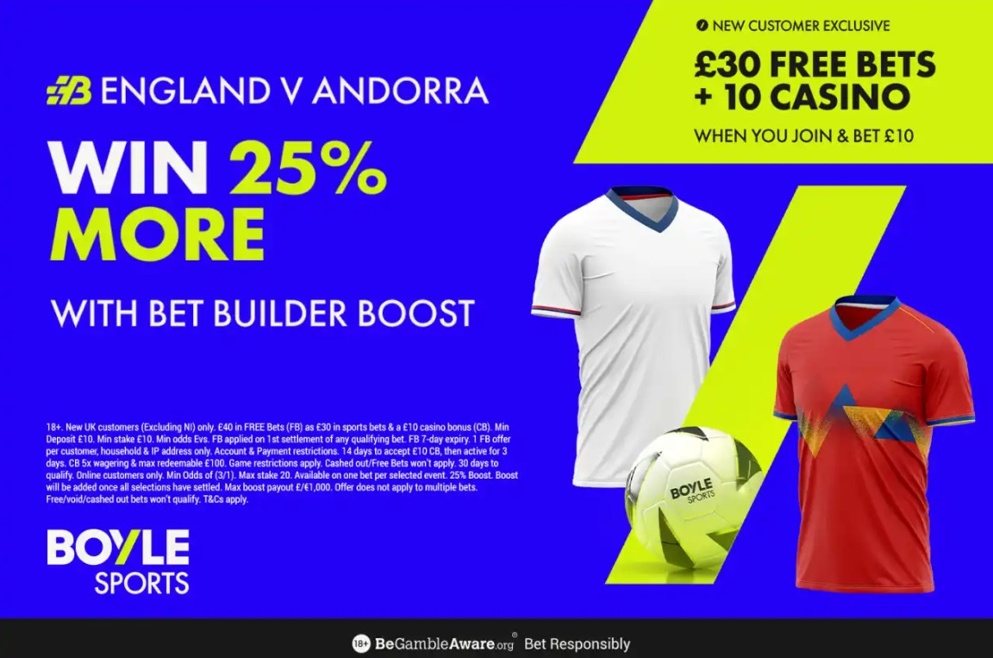 BOYLE Sports have an odds boost for England vs Andorra tonight!