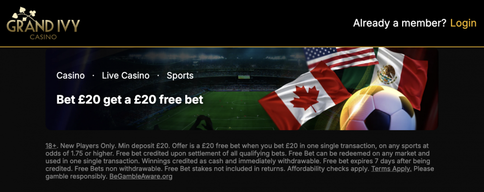 Get a £20 free bet when you join Grand Ivy Sports