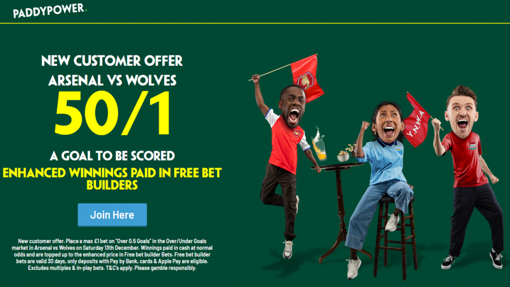 Get 50/1 for a goal in Arsenal vs Wolves with Paddy Power