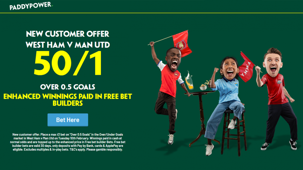 Get 50/1 for a goal to be scored tonight at Paddy Power
