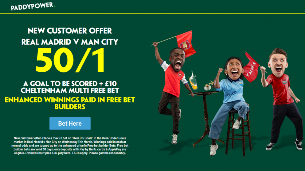 Get 50/1 for a goal in Real Madrid v Man City with Paddy Power