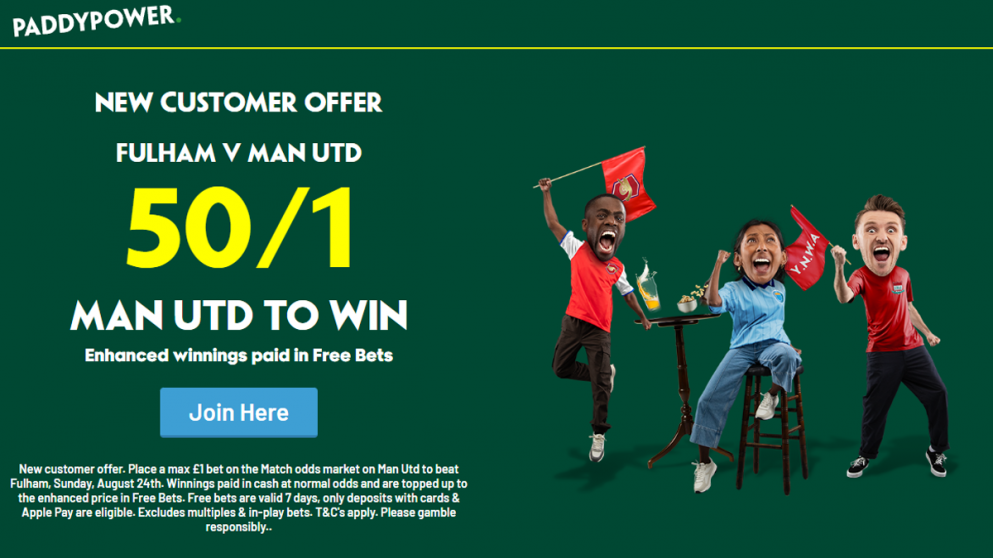 Paddy Power have a massive odds boost on Man United beating Fulham today!