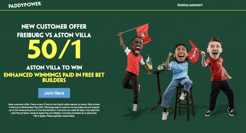 Get 50/1 for Aston Villa to win at Paddy Power
