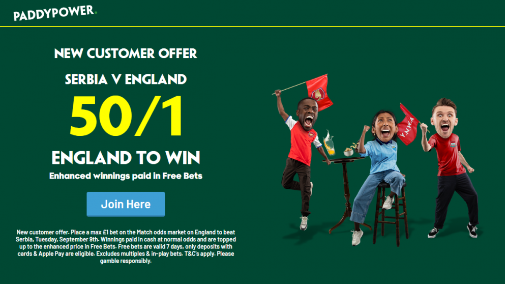 Paddy Power have a big odds boost for England's trip to Serbia tonight!