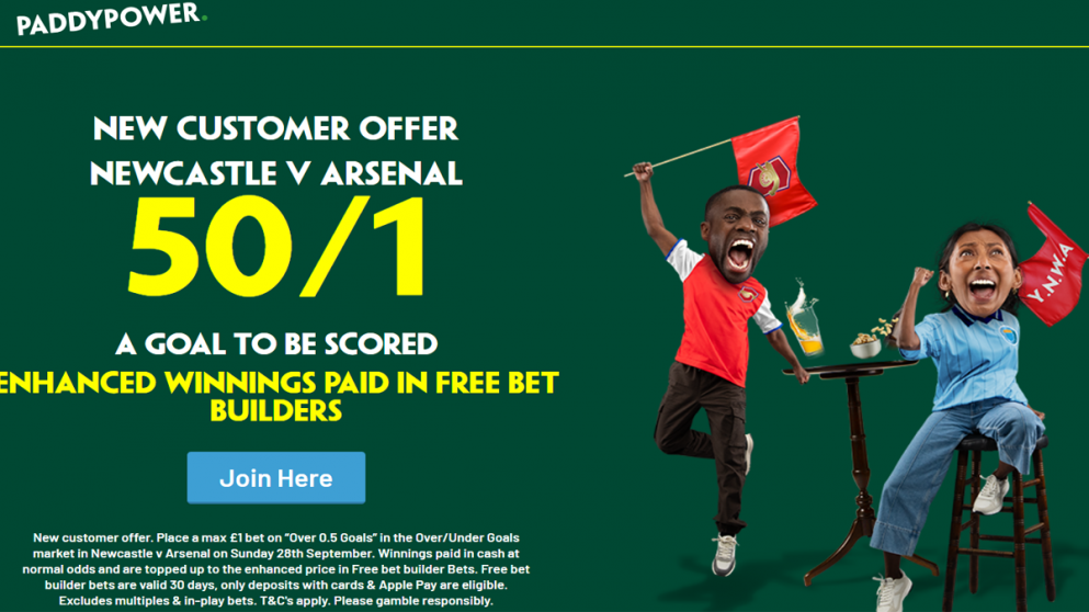 Get 50/1 over 0.5 goals this evening at St James's Park with this Paddy Power offer!