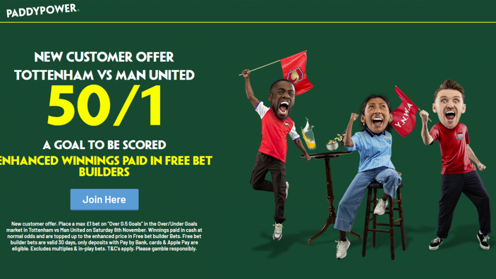 50/1 for a goal to be scored in Spurs vs Man United with Paddy Power