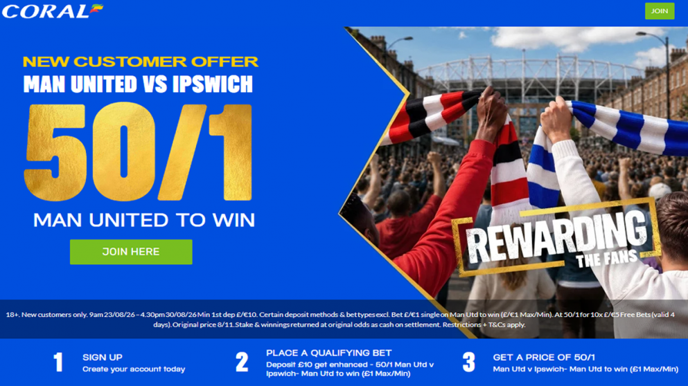 Get an odds boost on Manchester United with Coral