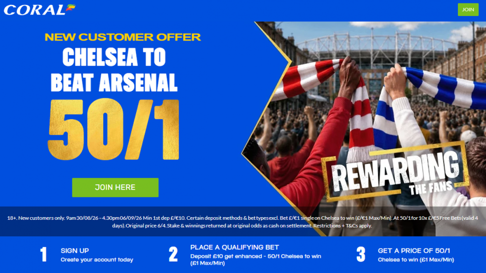 Get an odds boost on Arsenal vs Chelsea with Coral