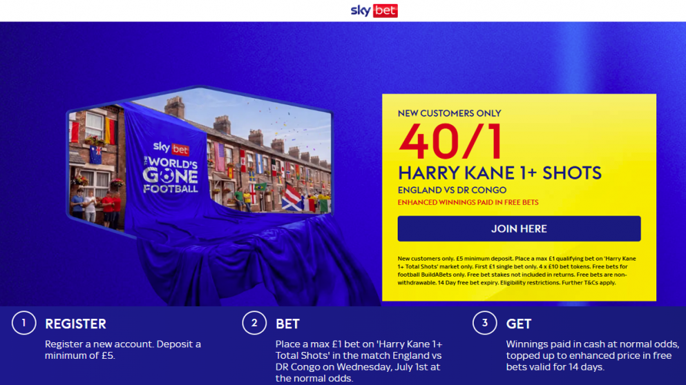 New customers at Sky Bet can get 40/1 for Kane to have a shot vs DR Congo