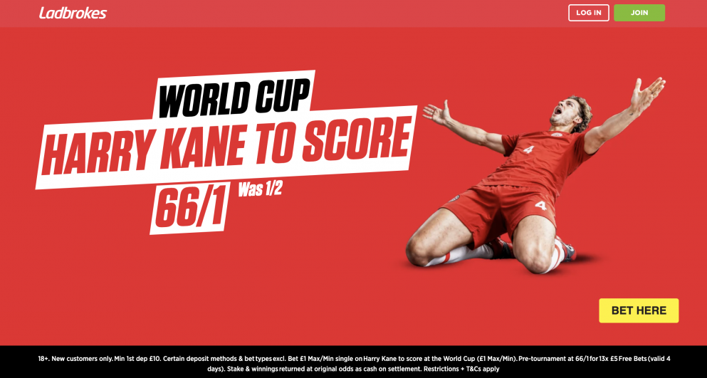 Get 66/1 on Harry Kane to score a World Cup goal at Ladbrokes