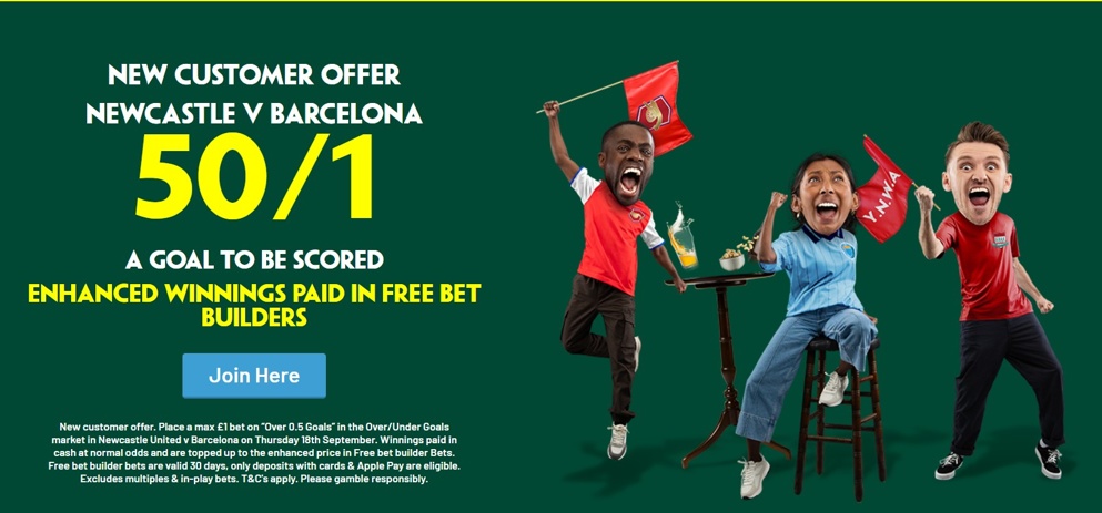 Get 50/1 over 0.5 goals tonight at St James's Park with this Paddy Power offer!