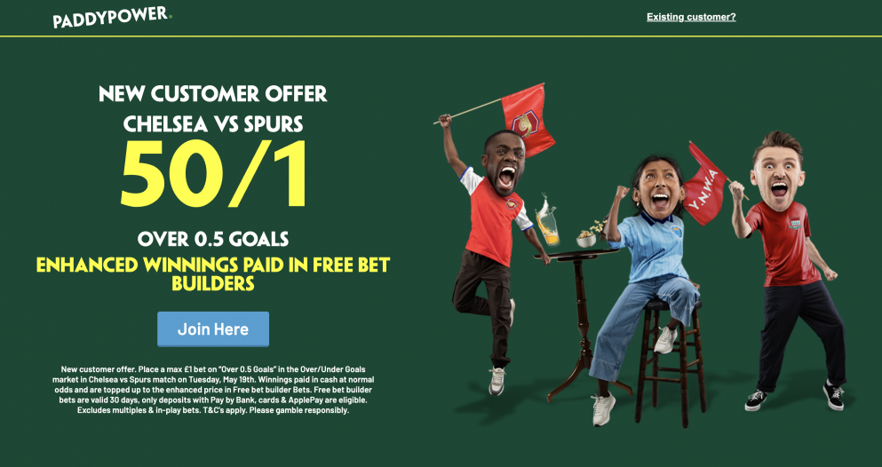 Get 50/1 for a goal in Chelsea v Spurs at Paddy Power