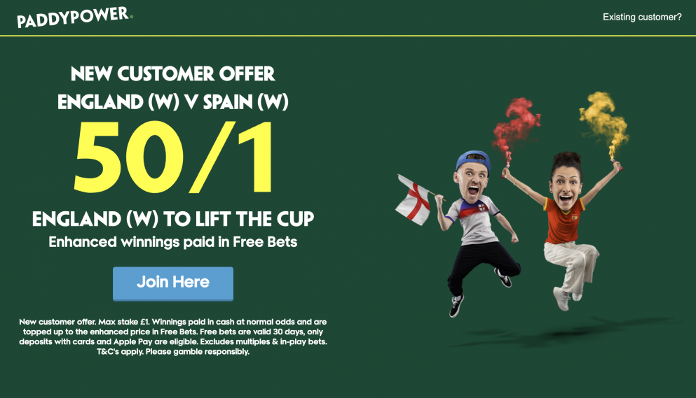 Get 50/1 for England to win the Womens Euros Final today