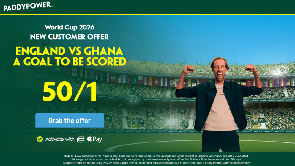 Get 50/1 for a goal in England vs Ghana at Paddy Power