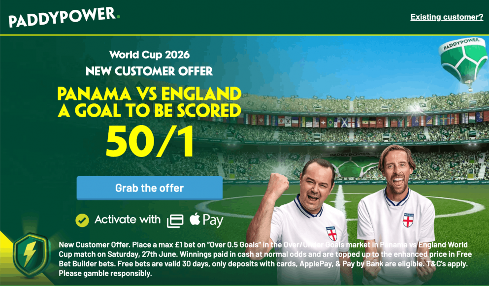 Get 50/1 for a goal in England vs Panama at Paddy Power