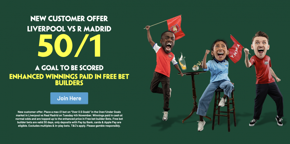 Get 50/1 on a goal to be scored in Liverpool vs Real Madrid at Paddy Power