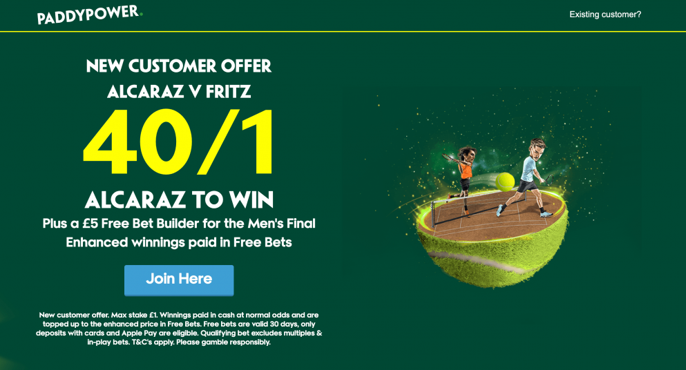 Get 40/1 for Alcaraz to beat Fritz at Paddy Power