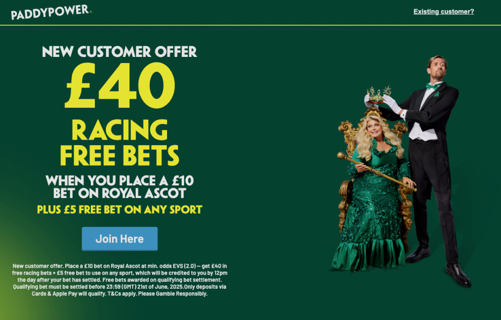 Paddy Power's new customer offer rewards players with £40 in free bets when they sign up and bet £10