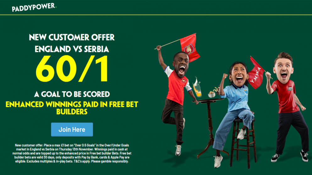 60/1 for a goal to be scored in England vs Serbia with Paddy Power