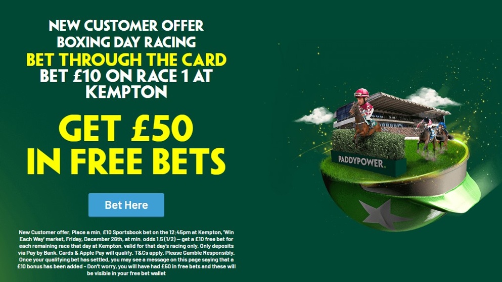 Bet £10 on race one at Kempton today and bag £50 of free bets with Paddy Power for the rest of the card!