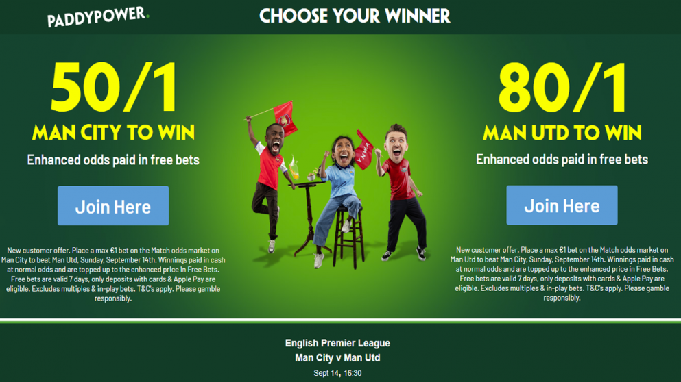 Choose 50/1 City or 80/1 United at Paddy Power!