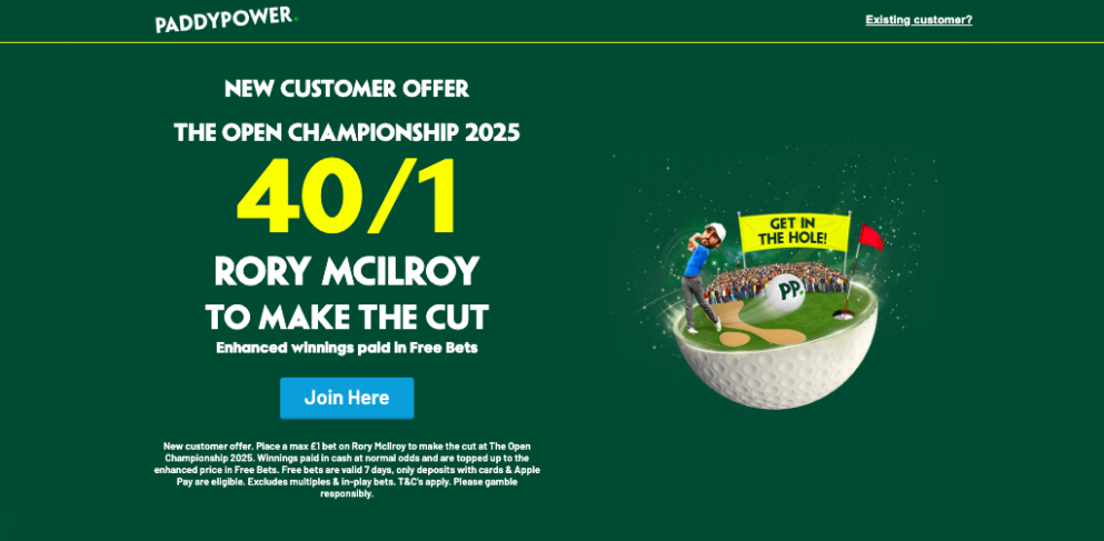 Get 40/1 for McIlroy to make the cut at Paddy Power