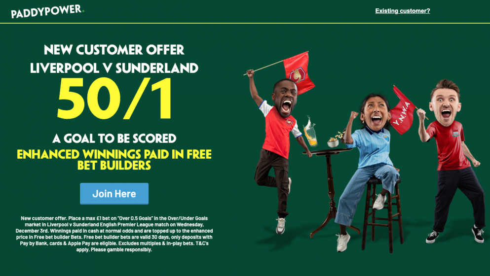 50/1 for a goal to be scored in Sunderland vs Liverpool with Paddy Power