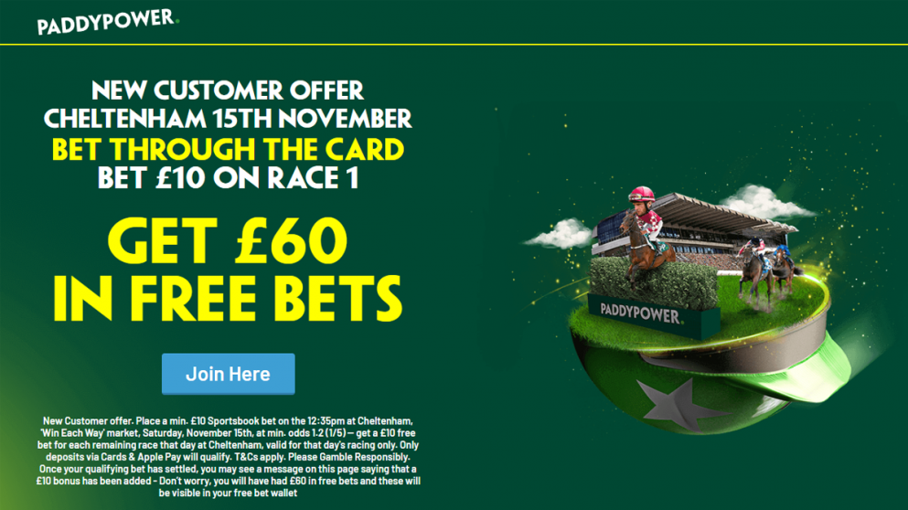 Get £60 in free bets for racing at Cheltenham today with this offer from Paddy Power!