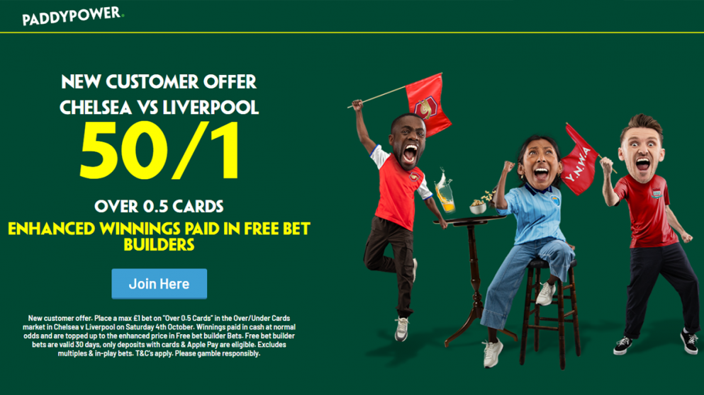 Get 50/1 on a card to be shown in Chelsea vs Liverpool today with this Paddy Power offer!