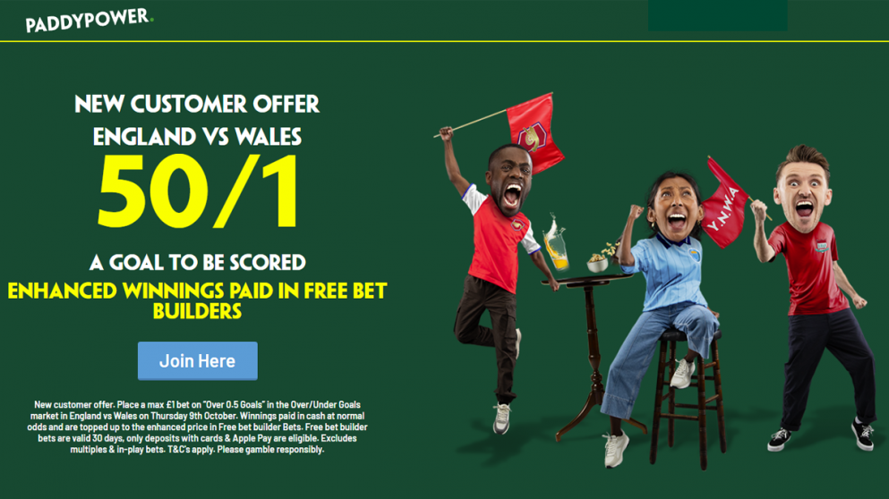 Get 50/1 on a goal to be scored in England vs Wales with this Paddy Power offer!