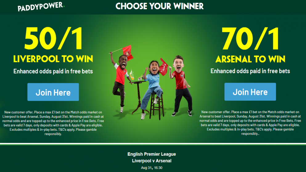 Paddy Power have a big odds boost on Liverpool vs Arsenal Today!