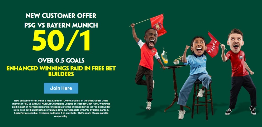 Get 50/1 for a goal to be scored in PSG vs Bayern Munich tonight with Paddy Power!