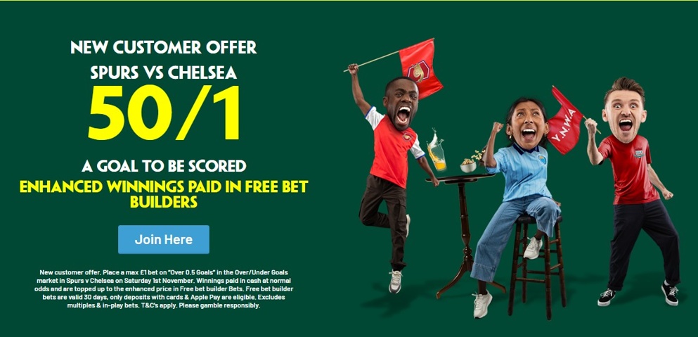 Get 50/1 on a goal to be scored in Spurs v Chelsea with this Paddy Power offer!