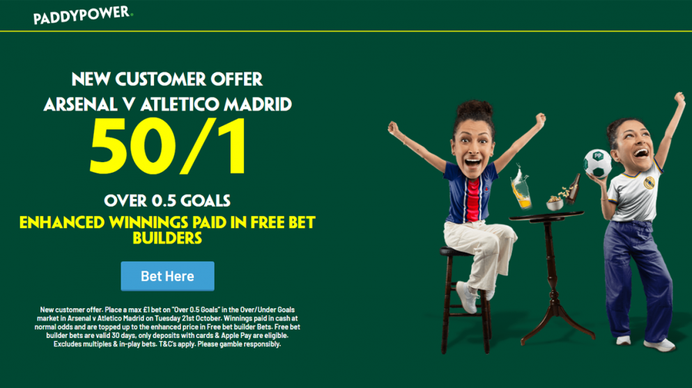Get 50/1 on a goal to be scored in Arsenal v Atletico Madrid with this Paddy Power offer!