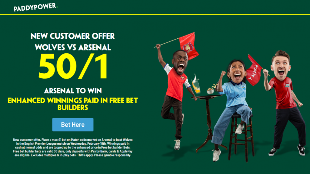 Get 50/1 for a Arsenal to beat Wolves with Paddy Power