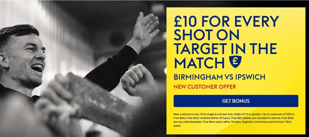 New Sky Bet customers can get a £10 free bet for every shot on target in Birmingham vs Ipswich!