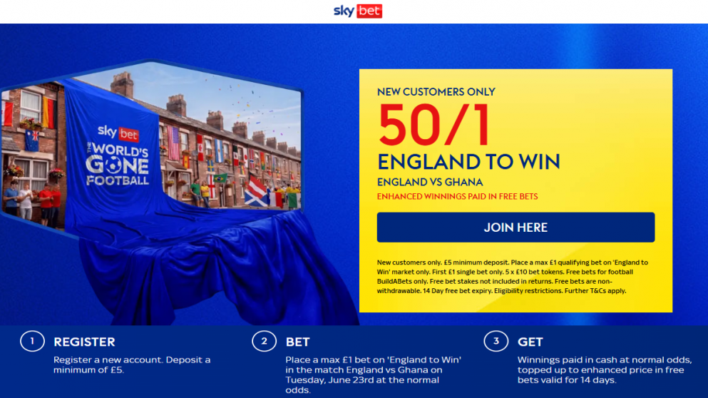 Get 50/1 for England to beat Ghana at Sky Bet