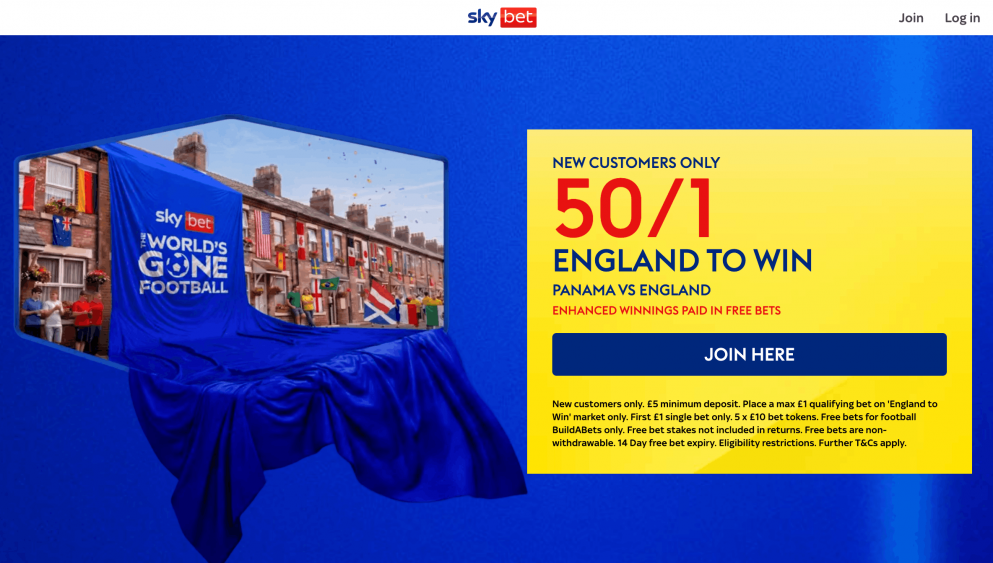 Get 50/1 for England to beat Panama at Sky Bet